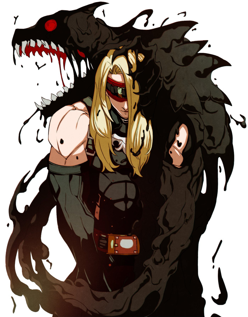 1boy bare_shoulders blind blonde_hair bodysuit commentary_request eddie_(guilty_gear) guilty_gear guilty_gear_strive highres long_hair male_focus red_blindfold simple_background sleeveless sleeveless_bodysuit worm89314 zato-1