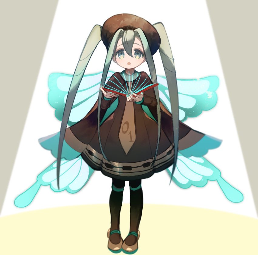 1girl aqua_nails beret black_pantyhose blue_wings book brown_cape brown_dress brown_headwear brown_necktie bug_miku_(project_voltage) butterfly_wings cape commentary_request cyawa dress full_body green_eyes green_hair hair_between_eyes hair_through_headwear hat hatsune_miku highres holding holding_book insect_wings long_necktie long_sleeves looking_up necktie open_mouth pantyhose parted_bangs pokemon project_voltage simple_background solo spotlight twintails vocaloid wings yellow_background