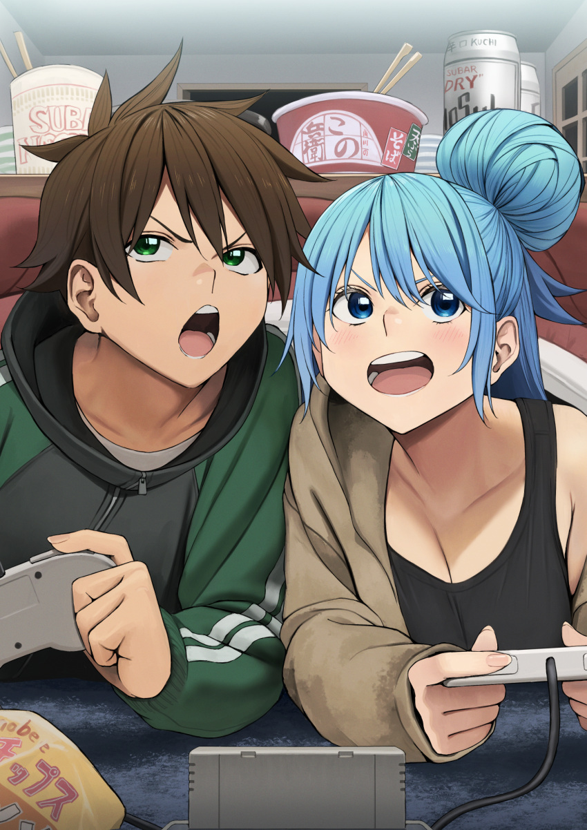 1boy 1girl aqua_(konosuba) beer_can black_jacket black_tank_top blue_eyes blue_hair brand_name_imitation breasts brown_hair can chopsticks cleavage collarbone controller drink_can foreshortening game_console game_controller green_eyes green_jacket hair_bun highres indoors instant_ramen izawa_(bhive003) jacket kono_subarashii_sekai_ni_shukufuku_wo! kotatsu large_breasts long_hair long_sleeves lying on_stomach open_mouth revision satou_kazuma single_bare_shoulder single_hair_bun smile striped striped_jacket super_famicom super_famicom_cartridge super_famicom_gamepad table tank_top under_kotatsu under_table v-shaped_eyebrows vertical-striped_jacket vertical_stripes zipper_pull_tab