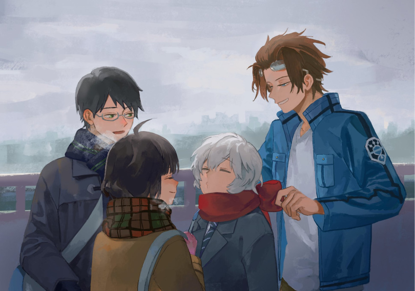 1girl 3boys adjusting_scarf amatori_chika bag black_hair blazer blue_eyes blue_jacket blue_necktie breath brown_coat brown_hair coat day dressing_another eternalpillow04 glasses gloves goggles goggles_on_head green_eyes grey_coat half-closed_eyes happy highres jacket jin_yuuichi kuga_yuuma laughing long_sleeves mikumo_osamu multiple_boys necktie outdoors overcast pink_gloves puckered_lips railing red_scarf scarf school_uniform shirt shoulder_bag sideways_glance sky smile tying uniform upper_body white_hair white_shirt winter_clothes world_trigger