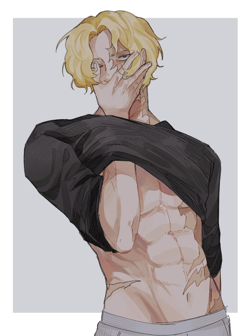 1boy black_eyes black_shirt blonde_hair burn_scar clothes_lift covering_mouth english_commentary grey_background guilty_challenge_(meme) hand_over_own_mouth hand_under_clothes hand_under_shirt highres male_focus meme muscular muscular_male navel one_piece pants sabo_(one_piece) scar scar_across_eye scar_on_face shirt shirt_lift short_hair solo stomach white_pants xve009