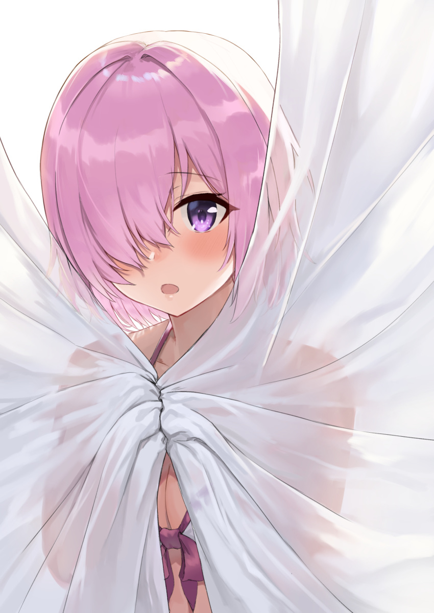 1girl blush breasts cleavage collarbone commentary_request curtain_grab curtains eyebrows_visible_through_hair fate/grand_order fate_(series) hair_over_one_eye highres jjeono large_breasts lavender_hair looking_at_viewer mash_kyrielight open_mouth pink_bikini_top pink_hair purple_eyes purple_hair short_hair solo white_bikini_top