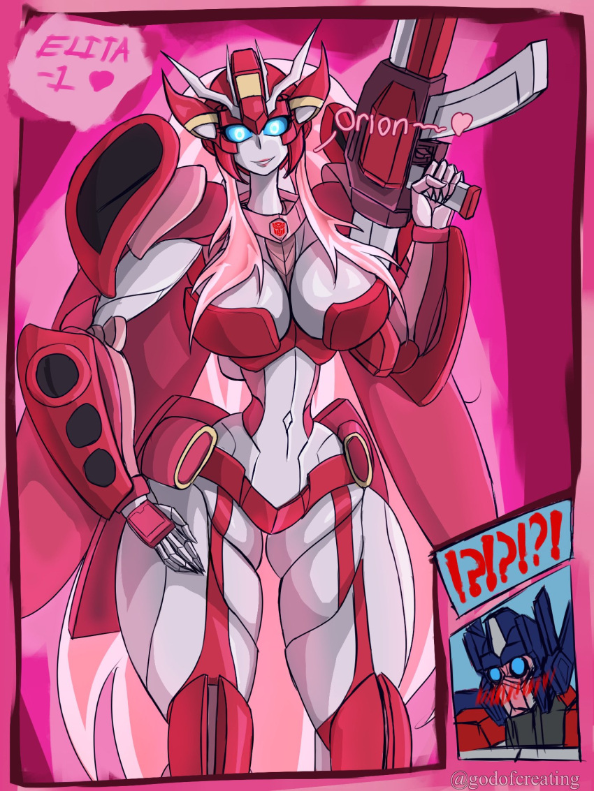 1boy 1girl armor autobot blue_eyes blush breasts colored_skin elita_one english_commentary godofcreating gun helmet highres humanoid_robot long_hair machine_gun optimus_prime panties pink_hair pink_panties redesign robot robot_girl science_fiction thick_thighs thighs transformers underwear weapon white_skin