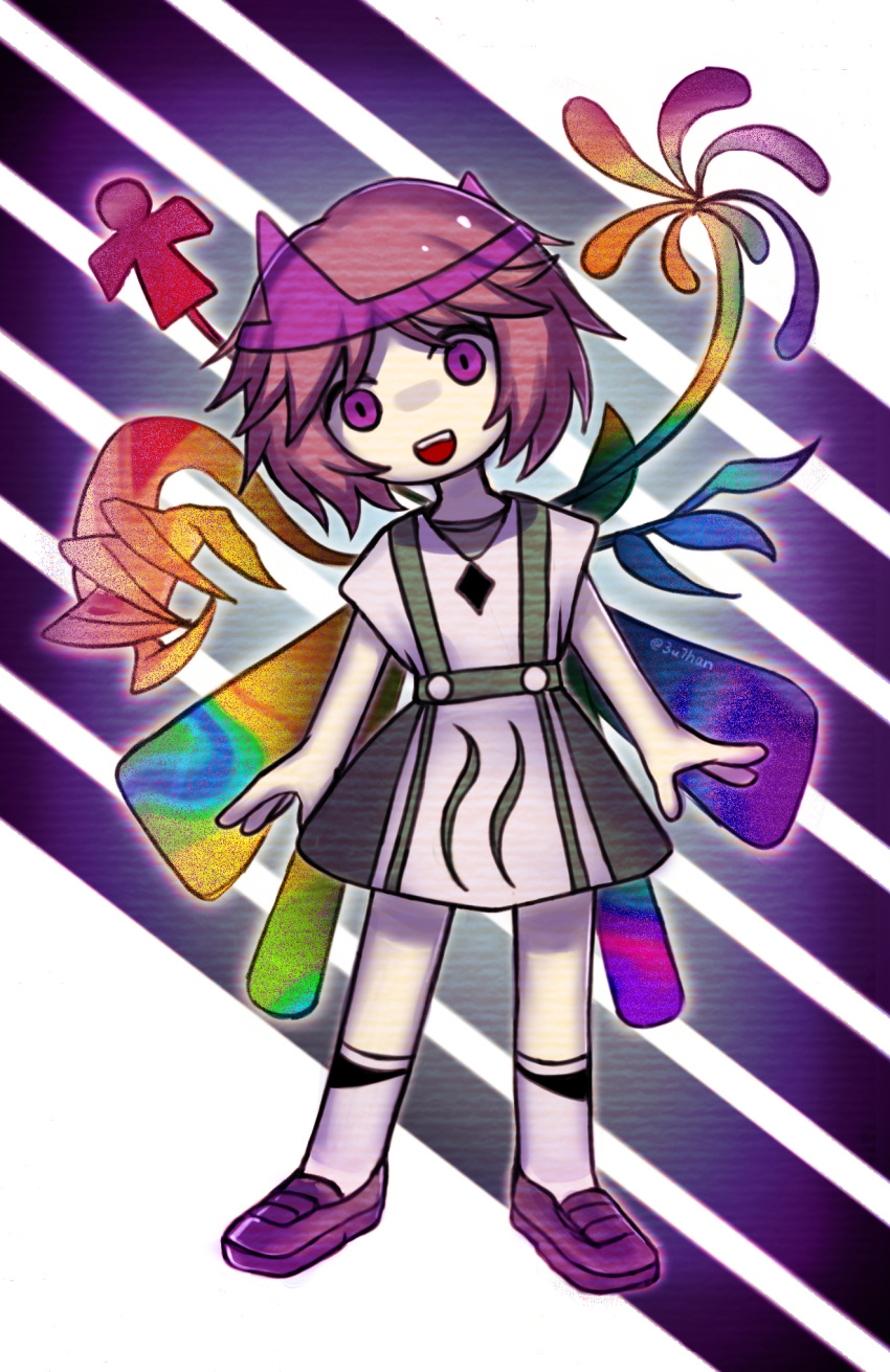 1other androgynous brown_footwear dress euthan highres len'en open_mouth other_focus pink_eyes pink_hair rainbow_wings shion_(len'en) shoes short_hair short_sleeves smile socks solo teeth triangular_headpiece upper_teeth_only white_dress white_socks wings