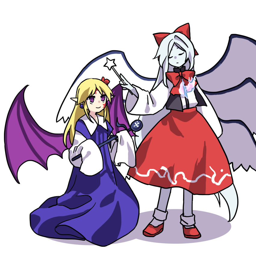 2girls bat_wings black_vest blonde_hair blue_dress closed_mouth collared_shirt colored_skin commentary_request cosplay costume_switch dress elis_(touhou) elis_(touhou)_(cosplay) flat_chest full_body hair_ribbon highres kaigen_1025 long_hair multiple_girls multiple_wings neck_ribbon open_clothes open_vest oversized_clothes pointy_ears purple_eyes red_footwear red_ribbon red_skirt ribbon sariel_(touhou) sariel_(touhou)_(cosplay) shirt simple_background skirt smile socks touhou touhou_(pc-98) vest white_background white_hair white_shirt white_skin white_socks wings
