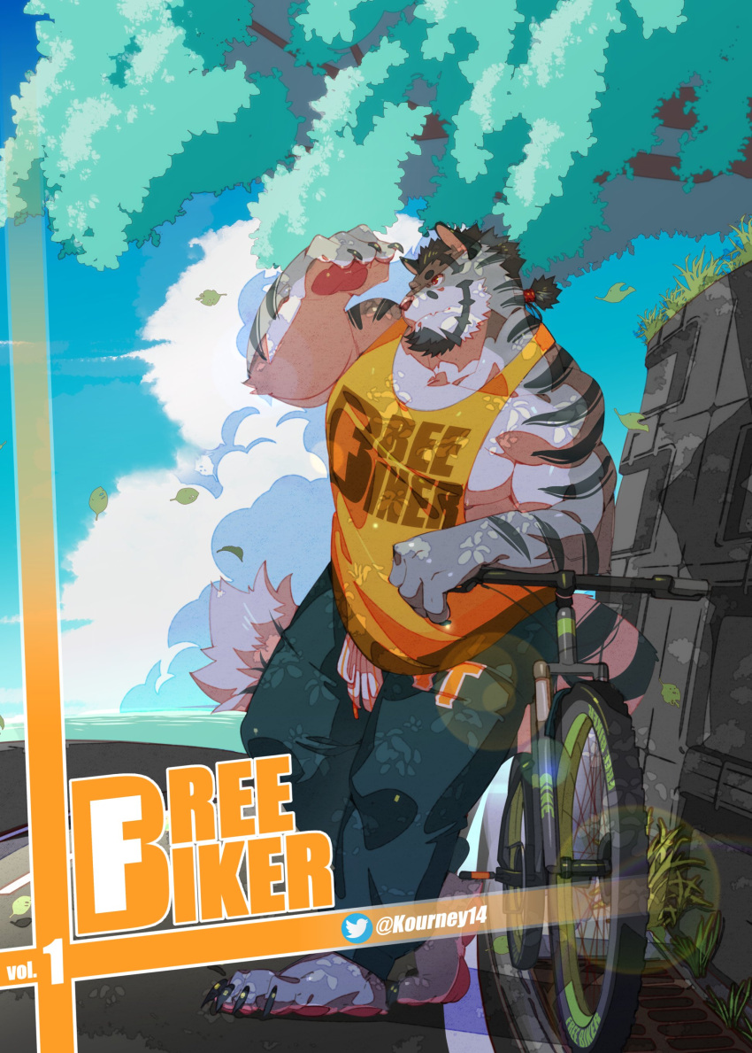absurd_res anthro biceps bicycle biker claws clothed clothing felid hi_res kourney male mammal muscular muscular_anthro muscular_male pantherine pecs solo striped_body stripes tiger
