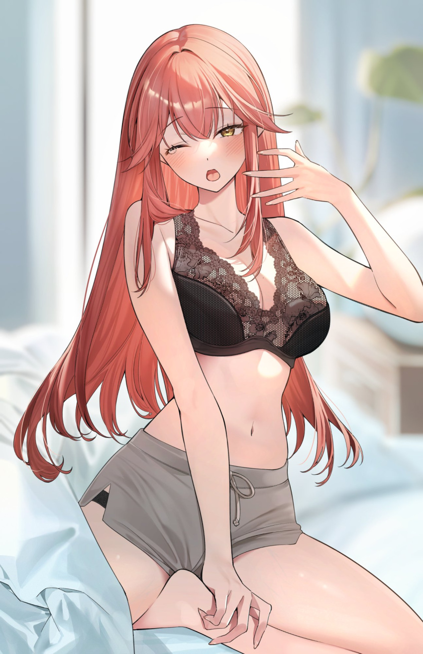 1girl bare_legs barefoot black_bra blurry blurry_background blush bra breasts cleavage commentary curtains double-parted_bangs foot_out_of_frame grey_shorts highres lace-trimmed_bra lace_trim large_breasts long_hair looking_at_viewer morning navel no_shirt on_bed one_eye_closed open_mouth original red_hair short_shorts shorts sino42 sitting sleepy solo stomach sunlight tearing_up tears underwear waking_up window yellow_eyes