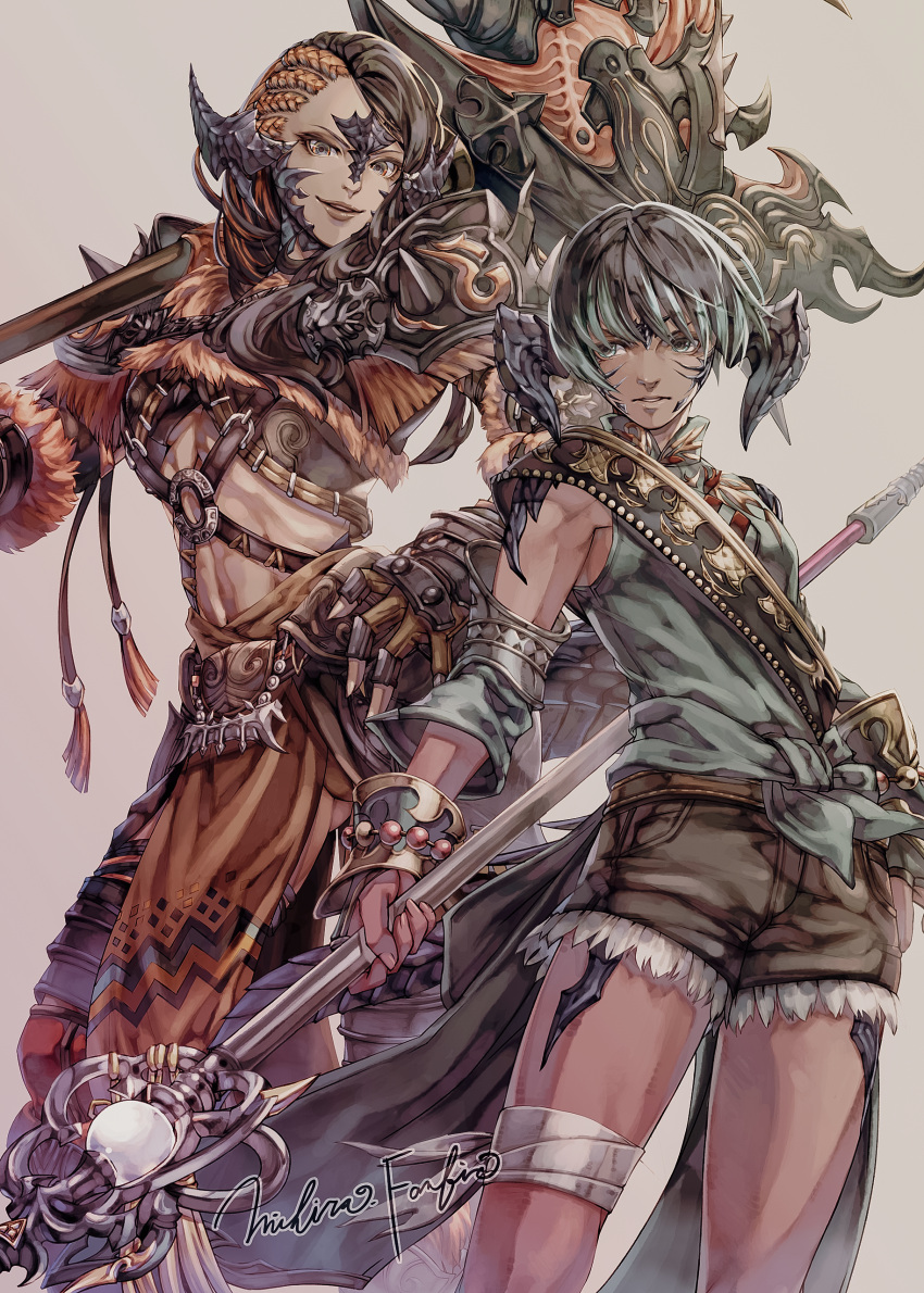 1boy 1girl absurdres armor au_ra axe bandaged_leg bandages black_hair dragon_horns final_fantasy final_fantasy_xiv gauntlets grey_background grey_eyes hand_on_own_hip highres holding holding_axe holding_staff horns long_hair looking_at_another mihira_(tainosugatayaki) over_shoulder sash short_hair shorts shoulder_armor shoulder_sash signature staff varshahn warrior_(final_fantasy) warrior_of_light_(ff14) weapon weapon_over_shoulder