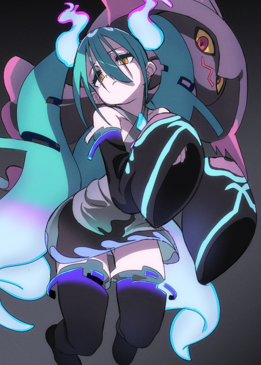 1girl aqua_hair black_thighhighs detached_sleeves fu-ta ghost ghost_miku_(project_voltage) glitch gradient_hair grey_shirt hair_between_eyes hatsune_miku highres long_hair mismagius multicolored_hair pale_skin pokemon pokemon_(creature) project_voltage see-through see-through_skirt shirt skirt sleeves_past_fingers sleeves_past_wrists thighhighs twintails very_long_hair vocaloid will-o'-the-wisp_(mythology) yellow_eyes