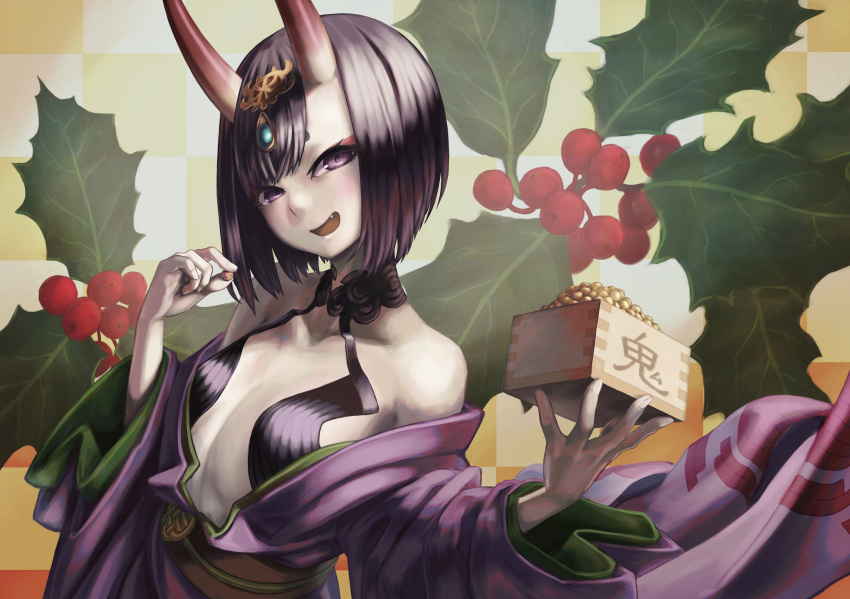 1girl bare_shoulders beans bob_cut breasts commentary_request fang fate/grand_order fate_(series) headpiece highres holly horns japanese_clothes kimono looking_at_viewer masu mayagi_(mayagi61) off_shoulder oni oni_horns open_mouth purple_eyes purple_hair purple_kimono setsubun short_hair shuten_douji_(fate) small_breasts smile solo upper_body