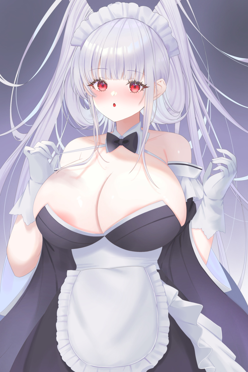 1girl absurdres alternate_costume apron areola_slip azur_lane bare_shoulders black_dress blunt_bangs blush breasts cleavage collarbone dragon_girl dragon_horns dress gloves gradient_background hair_on_horn hands_up highres horns kieran018 large_breasts long_hair looking_at_viewer maid maid_headdress official_alternate_costume paid_reward_available parted_lips red_eyes shimanto_(azur_lane) shimanto_(the_comfy_dragon_god)_(azur_lane) simple_background solo white_apron white_gloves white_hair wide_sleeves