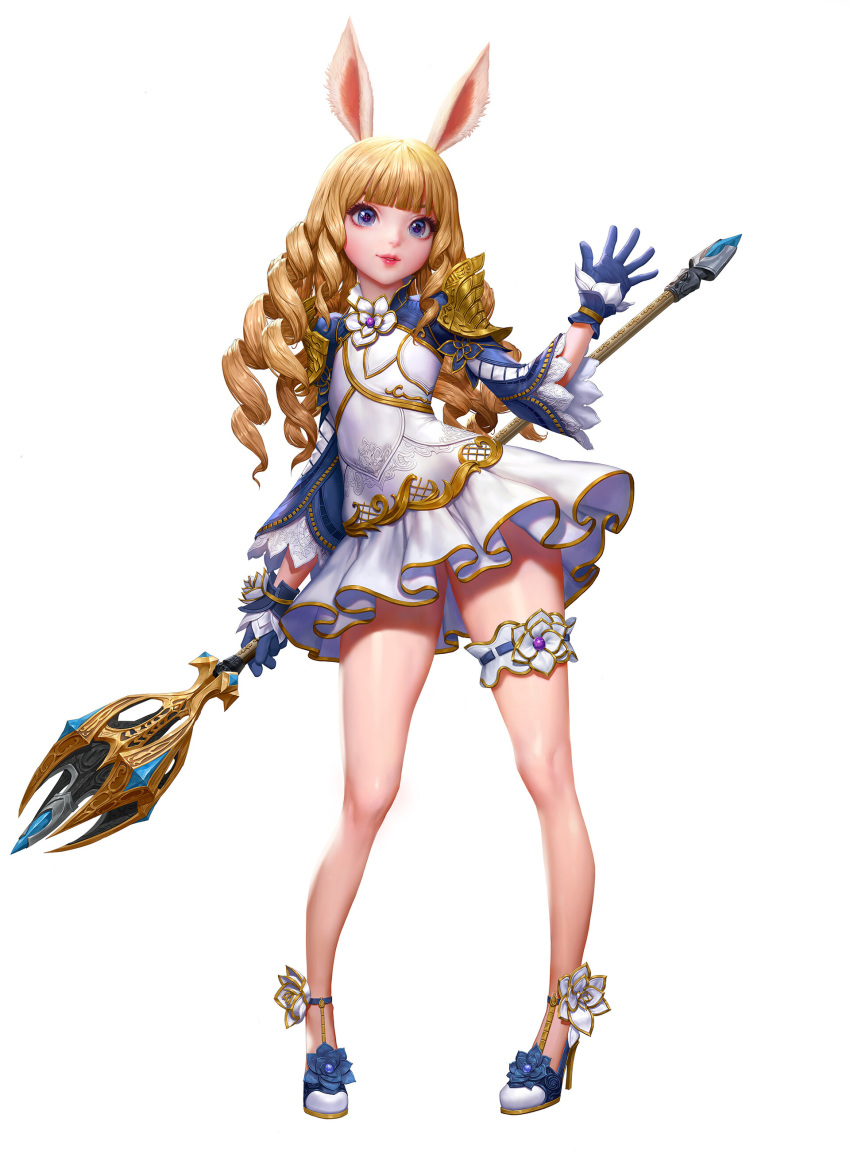 1girl absurdres animal_ears arm_up blonde_hair blue_eyes blue_gloves bunny_ears curly_hair dospi dress elin_(tera) full_body garters gloves high_heels highres legs lips long_hair official_art shoes short_dress simple_background smile solo staff symbol-shaped_pupils tera_online thighs waving weapon white_background white_dress white_footwear