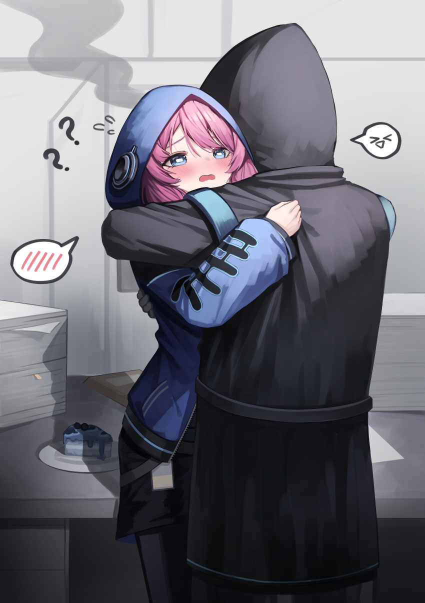 ? ?? absurdres arknights black_jacket black_pantyhose black_shorts blue_eyes blue_jacket blue_poison_(arknights) blush bright_pupils cake cake_slice cowboy_shot doctor_(arknights) embarrassed flying_sweatdrops food highres hood hood_up hooded_jacket hug indoors jacket kimsuwan2013 long_sleeves pantyhose pink_hair short_hair shorts speech_bubble spoken_blush spoken_expression