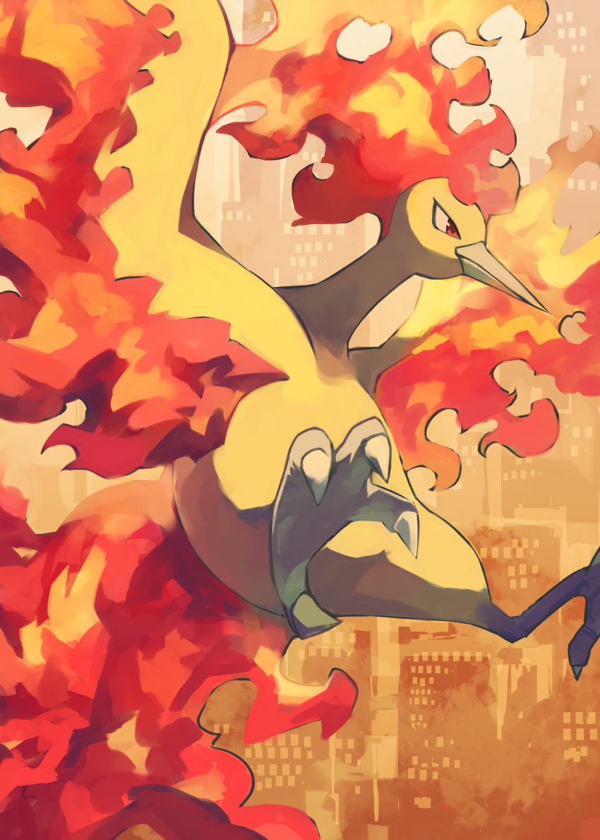 absurdres animal_focus beak bird cityscape commentary_request fire floating gara_(qbeuxvii22) highres moltres no_humans pokemon pokemon_(creature) red_eyes talons wings