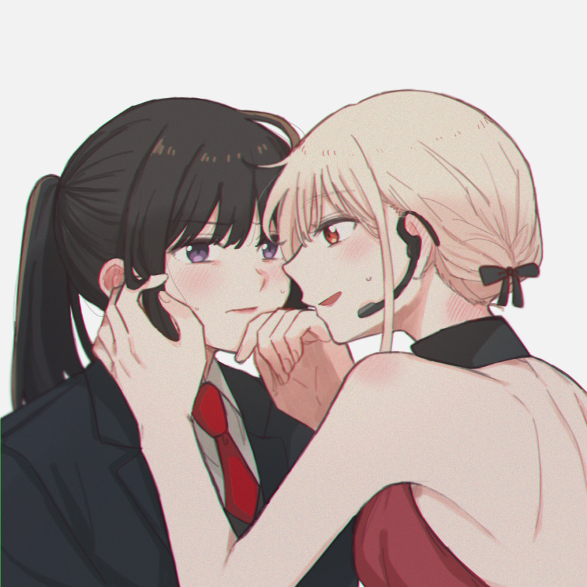 2girls bare_shoulders black_hair black_jacket black_ribbon blonde_hair blush chromatic_aberration closed_mouth collared_shirt commentary_request dress ear_blush earpiece highres inoue_takina jacket long_hair lycoris_recoil multiple_girls neck_blush neck_ribbon necktie nishikigi_chisato open_mouth ponytail purple_eyes red_dress red_eyes red_necktie ribbon shirt short_hair sidelocks simple_background sweatdrop upper_body white_background white_shirt yarou_(0tyaro) yuri