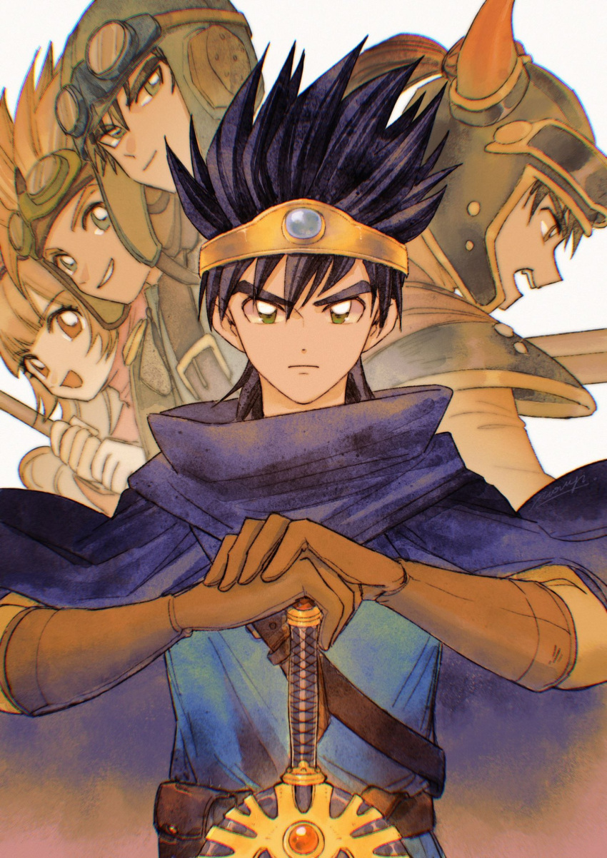 1girl 4boys armor black_hair blue_cape blue_headwear blue_tunic brown_gloves cape circlet closed_mouth commentary dragon_quest dragon_quest_i dragon_quest_ii dragon_quest_iii fake_horns gloves goggles goggles_on_headwear hand_on_hilt helmet hero_(dq1) hero_(dq3) highres holding holding_staff holding_sword holding_weapon horned_helmet horns looking_at_viewer mouyi multiple_boys open_mouth prince_of_lorasia prince_of_samantoria princess_of_moonbrook profile roto_(dq3) shoulder_armor smile spiked_hair staff sword upper_body weapon