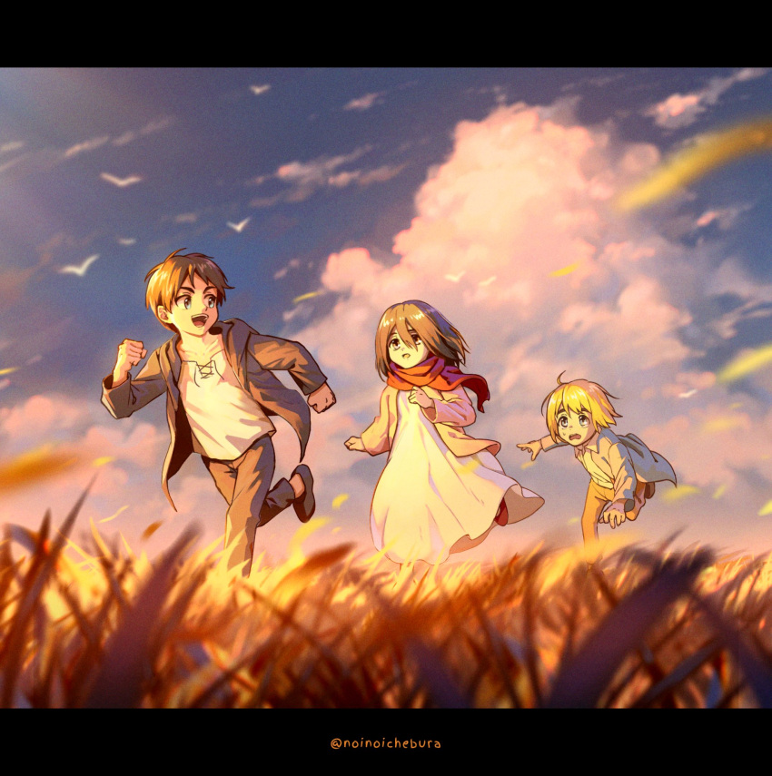 1girl 2boys armin_arlert black_hair blonde_hair blurry blurry_foreground brown_hair brown_jacket brown_pants cardigan child cloud cloudy_sky collared_shirt dress eren_yeager grass grey_shirt hair_between_eyes highres jacket letterboxed long_dress long_sleeves medium_hair mikasa_ackerman multiple_boys noinoichebura open_mouth outdoors pants pink_cardigan red_scarf running scarf shingeki_no_kyojin shirt short_hair sky smile sweatdrop twitter_username white_dress white_shirt