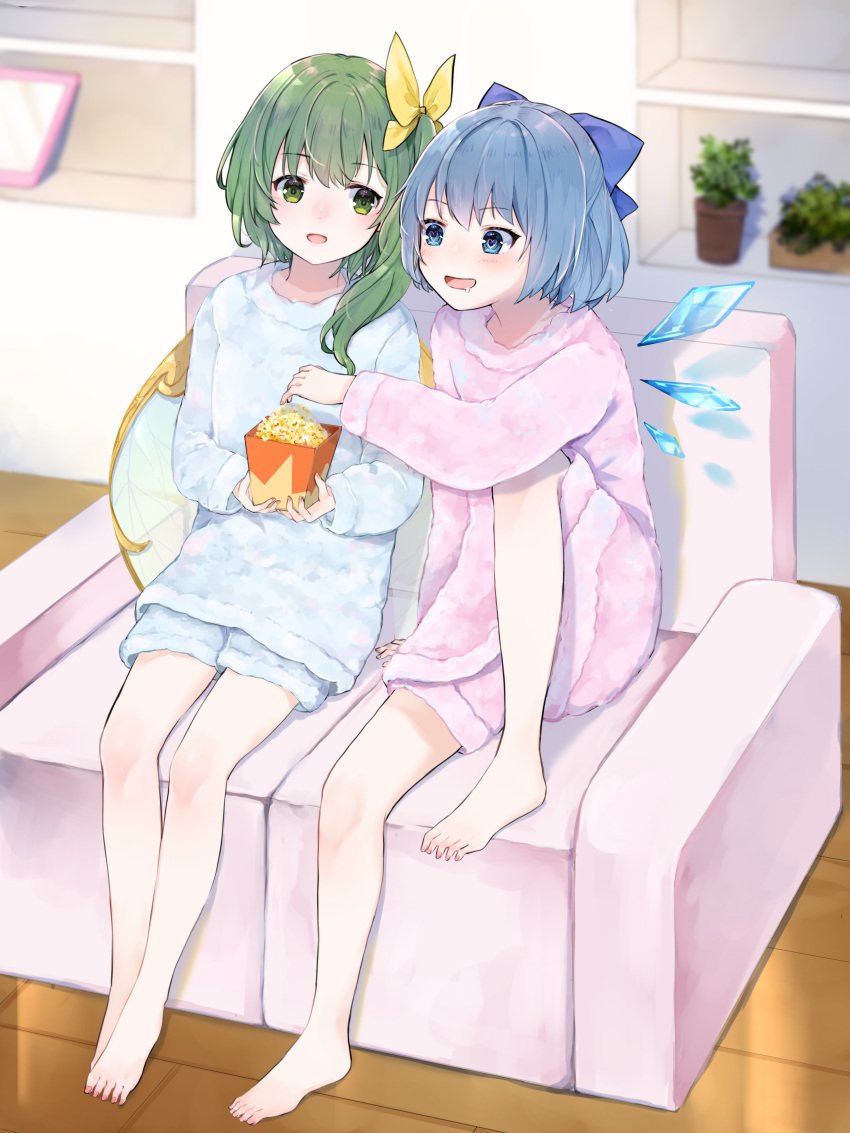 2girls absurdres alternate_costume barefoot blue_bow blue_eyes blue_hair blue_pajamas blurry blush bow casual cirno commentary_request commission couch daiyousei depth_of_field drooling fairy_wings food full_body green_eyes green_hair hair_bow happy heart heart-shaped_pupils highres ice ice_wings indoors knee_up legs long_hair loungewear multiple_girls on_couch one_side_up open_mouth pajamas pink_pajamas plant popcorn potted_plant second-party_source shelf short_hair side-by-side side_ponytail sitting skeb_commission sleeves_past_wrists smile symbol-shaped_pupils thighs toes touhou wings wooden_floor yellow_bow yurara_(aroma42enola)