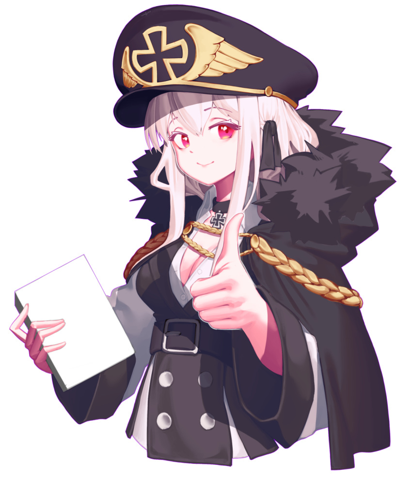 1girl breasts cape choker cleavage cross cross_choker fur-trimmed_cape fur_trim girls'_frontline hat highres holding iron_cross kar98k_(girls'_frontline) peaked_cap red_eyes smile solo tea_line thumbs_up upper_body white_hair