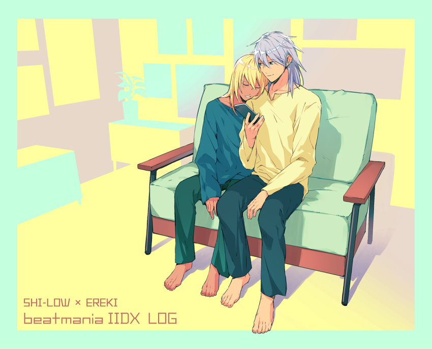2boys barefoot beatmania_iidx black_pants blonde_hair blue_shirt brothers cellphone character_name closed_mouth commentary_request copyright_name couch dark-skinned_male dark_skin ereki_(beatmania) full_body grey_hair hair_between_eyes hair_down head_on_another's_shoulder holding holding_phone indoors long_bangs long_hair long_sleeves looking_at_another looking_at_viewer looking_to_the_side male_focus maoh_(aburaage0528) multiple_boys pants pastel_colors phone plant potted_plant shilow shirt siblings sitting sleeping smartphone smile yellow_shirt