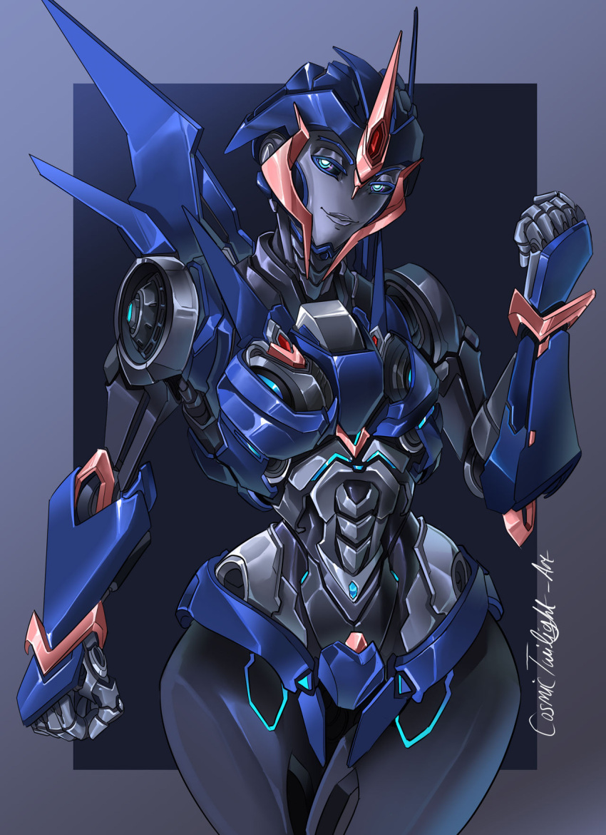 1girl arcee blue_eyes breasts curvy eajlady english_commentary helmet highres humanoid_robot mecha mechanical_parts medium_breasts narrow_waist redesign robot robot_girl science_fiction solo thick_thighs thighs transformers transformers_prime wings
