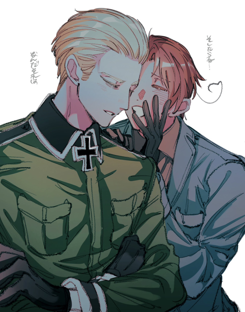 2boys ahoge axis_powers_hetalia black_gloves blonde_hair blush breast_pocket brown_shirt closed_eyes collared_jacket collared_shirt cross crossed_arms germany_(hetalia) gloves greek_cross green_jacket grey_jacket hand_on_another's_shoulder hand_up highres iron_cross jacket lapels long_sleeves male_focus military_uniform multiple_boys naotin3333 open_mouth orange_hair parted_lips pocket shirt short_hair simple_background southern_italy_(hetalia) translation_request uniform upper_body whispering whispering_in_ear white_background