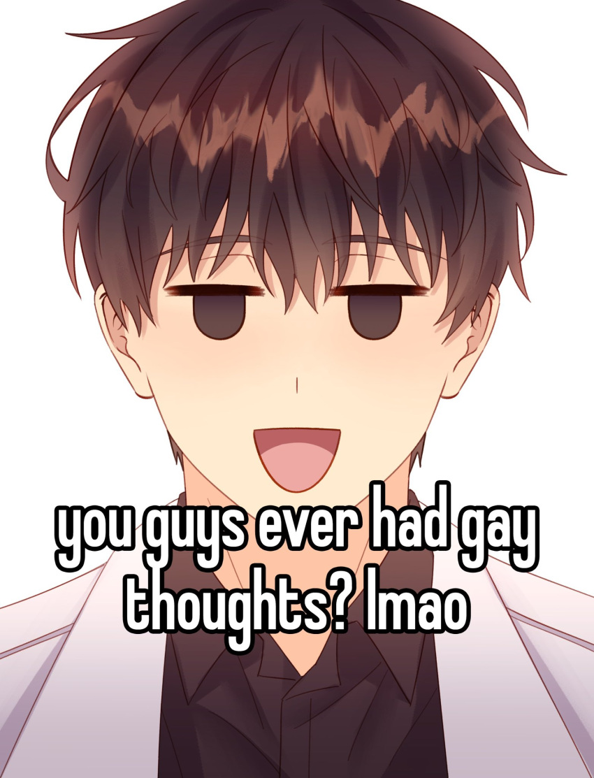 1boy black_shirt brown_hair collared_shirt commentary english_text highres kim_dokja looking_at_viewer male_focus meme omniscient_reader's_viewpoint open_mouth shirt short_hair simple_background smile solo symbol-only_commentary taozi_tea white_background