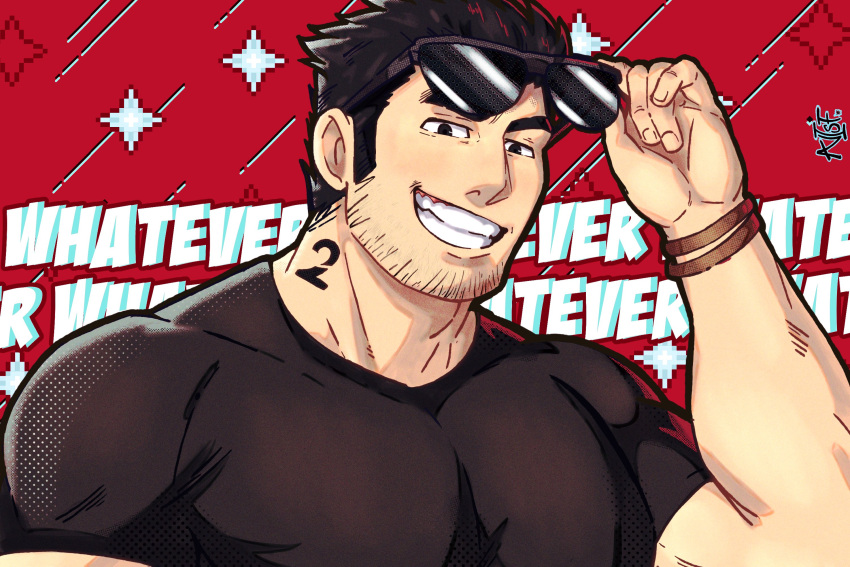 1boy anisf_(anisfbakery) bara black_hair black_shirt english_text eyewear_on_head facial_hair highres large_pectorals looking_at_viewer lucas_lee male_focus muscular muscular_male neck_tattoo pectorals scott_pilgrim_(series) scott_pilgrim_takes_off shirt short_hair smile solo sunglasses tattoo teeth