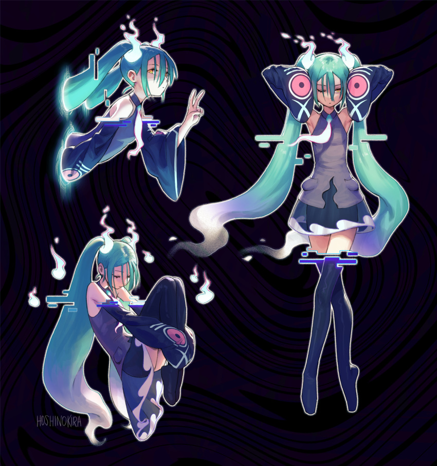 1girl aqua_hair black_thighhighs detached_sleeves ghost ghost_miku_(project_voltage) glitch gradient_hair grey_shirt h0shinokira hair_between_eyes hatsune_miku highres long_hair multicolored_hair multiple_views necktie one_eye_closed pale_skin pokemon project_voltage see-through see-through_skirt shirt skirt sleeves_past_fingers sleeves_past_wrists thighhighs twintails very_long_hair vocaloid will-o'-the-wisp_(mythology) yellow_eyes
