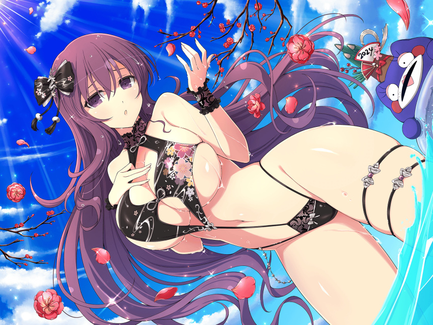 1girl bamboo_shoot black_slingshot_swimsuit branch breasts cleavage cleavage_cutout clothing_cutout cloud cloudy_sky day flower hair_ribbon hand_on_own_chest happy_new_year hat highres innertube large_breasts long_hair looking_at_viewer murasaki_(senran_kagura) navel ocean official_art open_mouth petals purple_eyes purple_hair ribbon senran_kagura senran_kagura_new_link skindentation sky slingshot_swimsuit stuffed_animal stuffed_toy sunlight swimming swimsuit teddy_bear thigh_strap wrist_cuffs yaegashi_nan