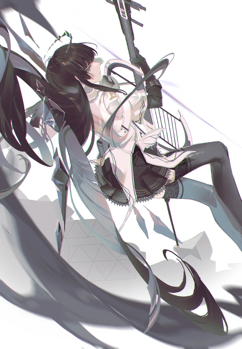 1girl absurdly_long_hair antenna_hair arknights artist_name ascot black_ascot black_garter_straps black_gloves black_hair black_halo black_skirt black_sleeves black_thighhighs black_wings blunt_bangs blurry blurry_background blurry_foreground bow_(music) bright_pupils broken_halo cello chinese_commentary chromatic_aberration closed_mouth collared_jacket commentary_request dark_halo depth_of_field detached_wings energy_wings feet_out_of_frame floating floating_hair from_side garter_straps gloves grey_eyes halo hands_up highres hime_cut holding holding_bow_(music) holding_instrument holding_violin instrument jacket knee_up layered_sleeves light_smile long_hair long_sleeves looking_at_viewer miniskirt music pale_skin playing playing_instrument pleated_skirt profile rubble samo_(shichun_samo) short_over_long_sleeves short_sleeved_jacket short_sleeves sidelocks sideways_glance simple_background skirt solo straight_hair strap thighhighs very_long_hair violin virtuosa_(arknights) watermark weibo_logo weibo_username white_background white_jacket white_pupils wide_sleeves wings zettai_ryouiki