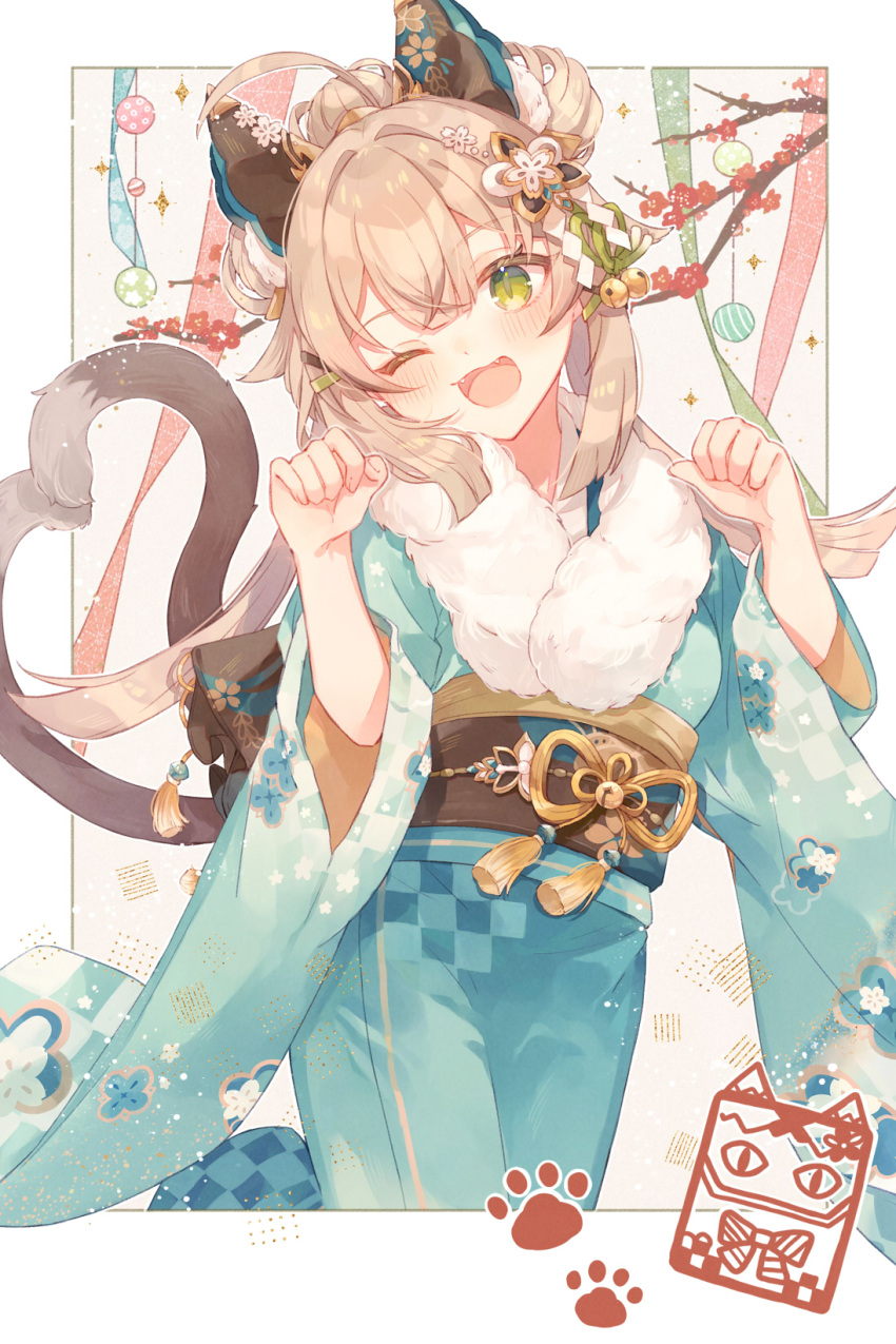 1girl 247_(nsn_na7) alternate_costume animal_hands back_bow bell belt blonde_hair blue_kimono blush border bow branch breasts brown_bow brown_sash cat_girl cat_tail crossed_bangs fang fangs fingernails floral_print flower fur_trim genshin_impact green_background green_eyes green_ribbon hair_bell hair_between_eyes hair_bow hair_bun hair_flower hair_ornament hair_ribbon hairclip hands_up highres japanese_clothes kimono kirara_(cat)_(genshin_impact) kirara_(genshin_impact) long_hair long_sleeves looking_at_viewer medium_breasts multiple_tails new_year obiage one_eye_closed open_mouth outside_border pom_pom_(clothes) pom_pom_hair_ornament red_flower ribbon sash sidelocks smile solo standing tail tassel tongue twintails two_tails white_border wide_sleeves yellow_belt yellow_ribbon