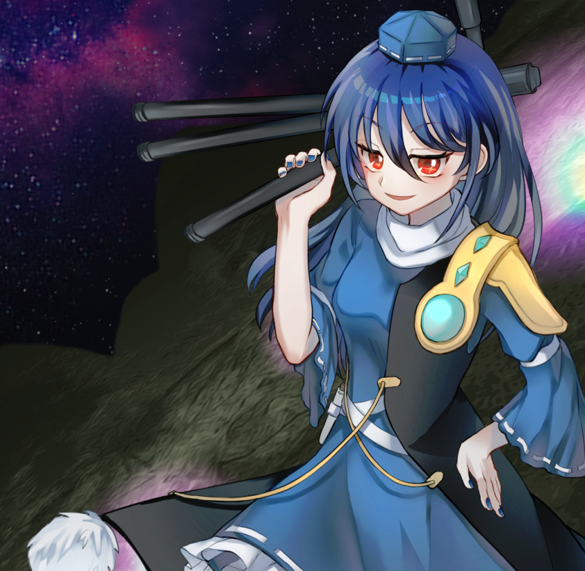 1girl armor blue_hair blue_nails coat commentary_request constellation dress fingernails frilled_dress frills gem hand_on_own_hip hat holding_tripod iizunamaru_megumu long_hair mirei_(miirei) nail_polish outdoors parted_lips pauldrons pom_pom_(clothes) red_eyes ribbon_trim romper shoulder_armor shoulder_guard single_pauldron sleeveless sleeveless_coat solo surcoat tokin_hat touhou tripod unconnected_marketeers wide_sleeves