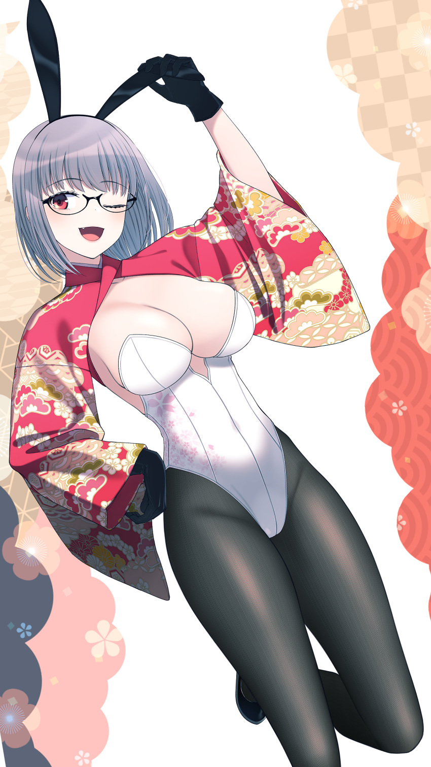 1girl ;d absurdres animal_ears black-framed_eyewear black_gloves black_pantyhose blush breasts closed_mouth dutch_angle fake_animal_ears fang glasses gloves grey_hair highres large_breasts leg_up leotard long_sleeves looking_at_viewer nishinomiya_suzu one_eye_closed open_mouth original pantyhose rabbit_ears red_eyes short_hair shrug_(clothing) smile solo standing standing_on_one_leg strapless strapless_leotard white_leotard wide_sleeves