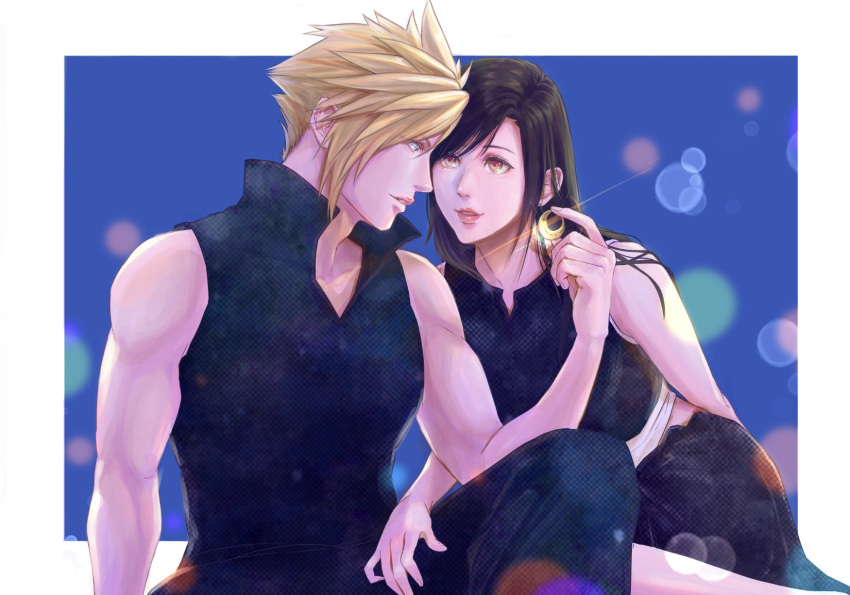 1boy 1girl bare_arms bare_shoulders black_hair black_shorts black_vest blonde_hair blue_eyes border brown_eyes cloud_strife couple crescent crescent_earrings dirge_of_cerberus_final_fantasy_vii earrings final_fantasy final_fantasy_vii final_fantasy_vii_advent_children final_fantasy_vii_remake glint gold_earrings goodsign highres holding_earrings jewelry light_particles lips long_hair looking_at_another midriff_peek outside_border parted_lips popped_collar shirt short_hair shorts sitting sleeveless sleeveless_shirt spiked_hair swept_bangs tank_top tifa_lockhart vest white_border white_tank_top