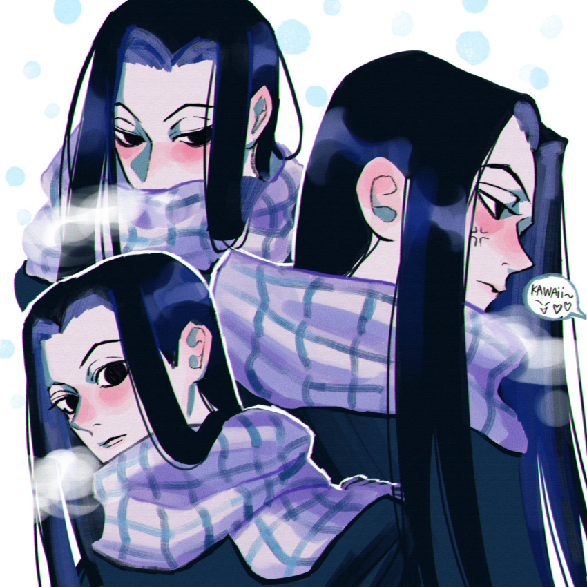 &lt;o&gt;_&lt;o&gt; 1boy anger_vein black_eyes black_hair blush breath commentary_request hakulo highres hunter_x_hunter illumi_zoldyck long_hair multiple_views pale_skin scarf sidelocks simple_background winter_clothes