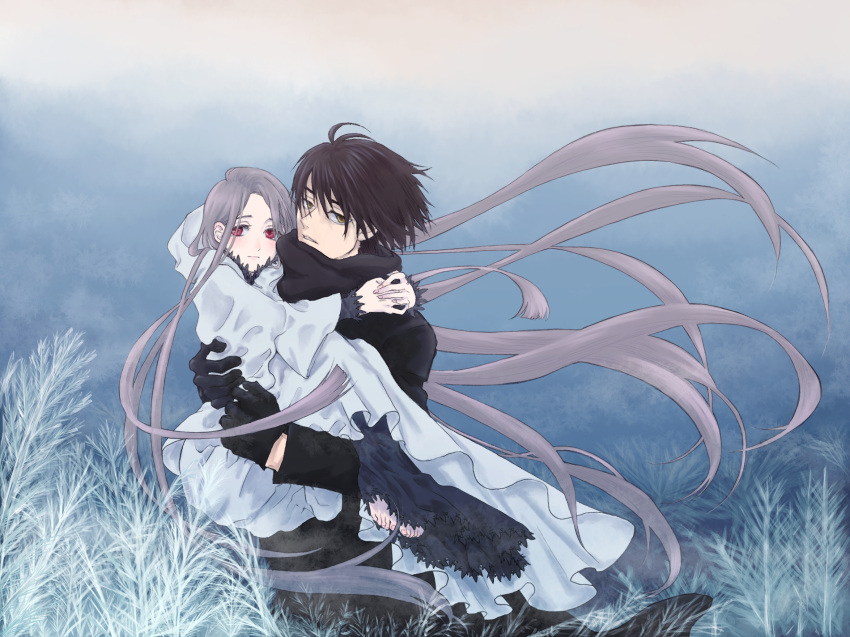 1boy 1girl barefoot black_coat black_gloves black_hair blush brown_eyes carrying carrying_person coat commentary_request dress enodin expressionless floating_hair frost gloves grey_hair high_collar highres long_hair looking_at_viewer original parted_lips princess_carry red_eyes sky very_long_hair white_dress