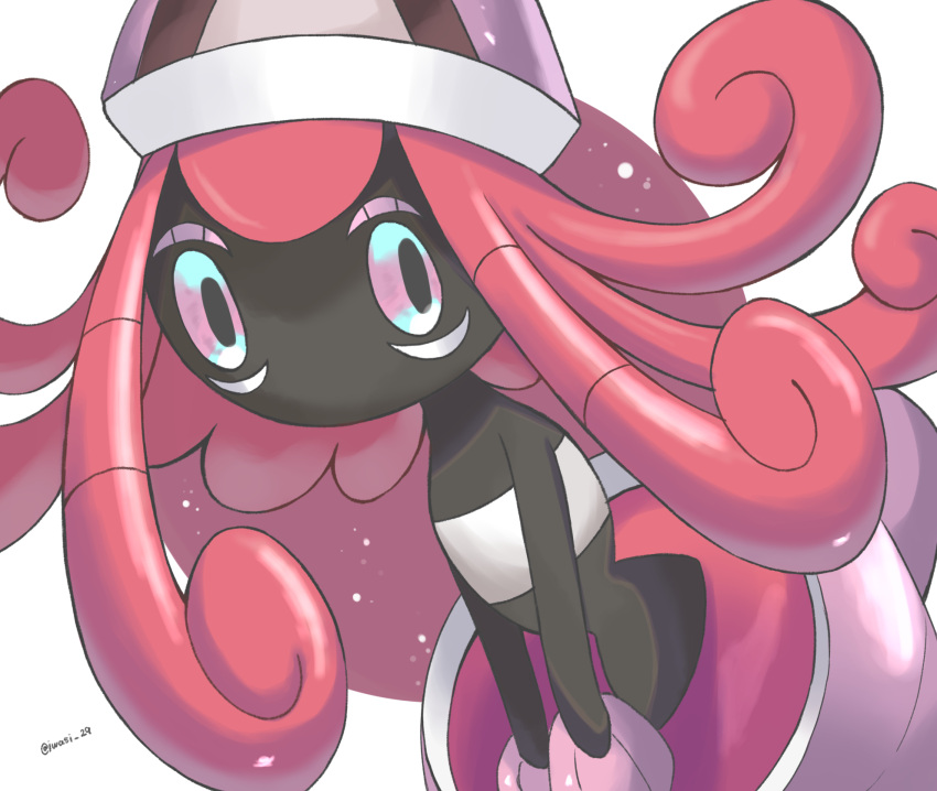 animal_focus artist_name black_skin blue_eyes colored_skin commentary_request highres iwasi_29 no_humans pink_eyes pokemon pokemon_(creature) red_hair simple_background tapu_lele twitter_username two-tone_eyes white_background