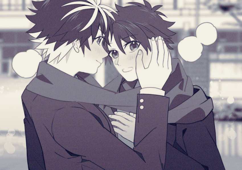 2boys blush charlemagne_(fate) daikotaiko fate/grand_order fate_(series) fujimaru_ritsuka_(male) greyscale hand_on_another's_head highres jacket monochrome multicolored_hair multiple_boys scarf shared_clothes shared_scarf shin_(amefrogs) winter_clothes yaoi