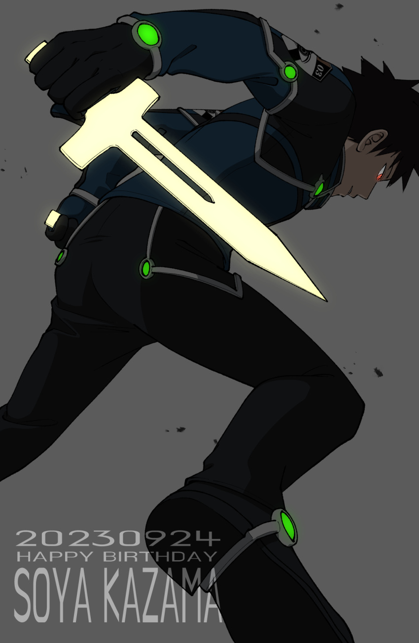 1boy badge black_footwear black_gloves black_hair black_pants blue_jacket character_name charging_forward dated dual_wielding energy_sword english_text feet_out_of_frame from_below from_side gloves glowing glowing_eyes grey_background happy_birthday highres holding jacket kazama_souya kazama_squad's_uniform long_sleeves male_focus naenokyuuri_(truchmobis) pants red_eyes shoe_soles shoes short_hair short_sword simple_background solo sword uniform weapon world_trigger