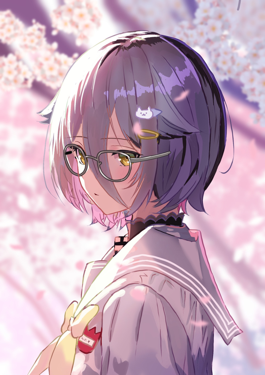 1girl black_shirt cherry_blossoms cowlick cropped_torso double-parted_bangs glasses hair_between_eyes hair_ornament hairclip henya_the_genius henya_the_genius_(2nd_costume) highres looking_at_viewer mochimochi_589 name_tag neckerchief purple_hair purple_shirt school_uniform shirt short_hair solo virtual_youtuber vshojo yellow_eyes yellow_neckerchief