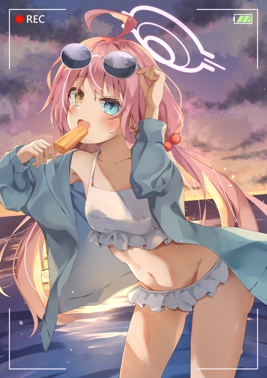 1girl ahoge bikini blue_archive blue_eyes blue_jacket blush breasts commentary_request eyewear_on_head food frilled_bikini frills halo heterochromia highres holding holding_food holding_popsicle hoshino_(blue_archive) hoshino_(swimsuit)_(blue_archive) jacket kirikaze_ren long_hair looking_at_viewer low_twintails official_alternate_costume open_mouth pink_hair popsicle small_breasts smile solo sunglasses swimsuit twintails wading water white_bikini yellow_eyes