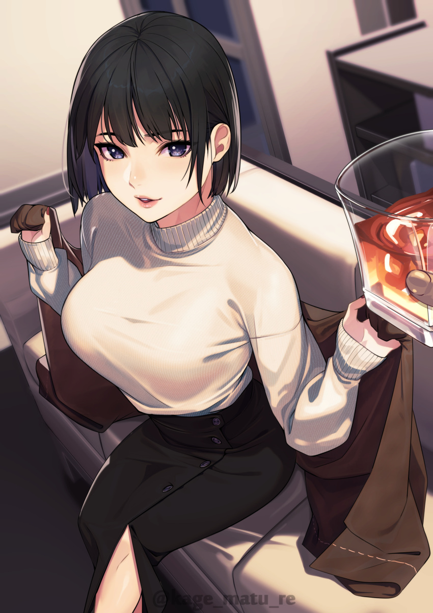1girl absurdres artist_name black_hair black_skirt blush breasts brown_jacket couch cup highres holding holding_cup indoors jacket kagematsuri large_breasts long_sleeves looking_at_viewer mature_female on_couch open_clothes open_jacket original parted_lips pov purple_eyes short_hair sitting skirt smile solo_focus sweater turtleneck turtleneck_sweater undressing white_sweater