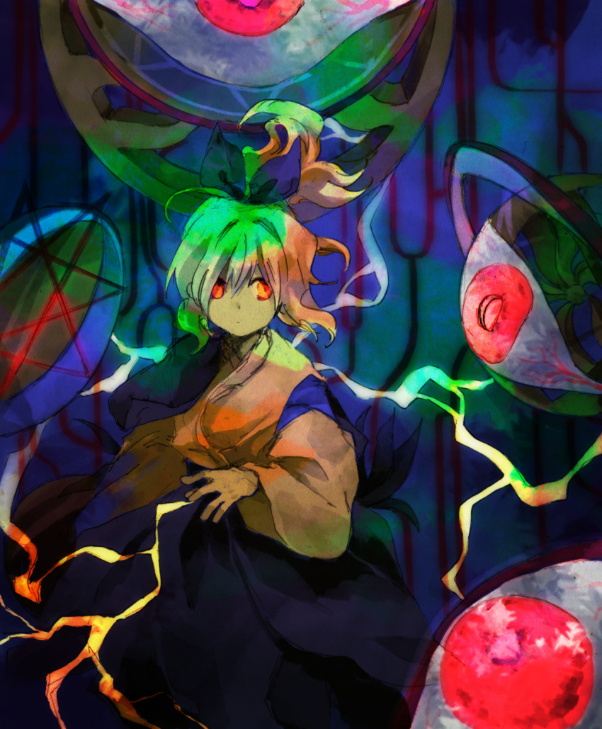 1girl blonde_hair blue_bow blue_hakama bow closed_mouth commentary_request cowboy_shot expressionless hair_bow hakama hakama_skirt hand_up highres japanese_clothes kaigen_1025 kimono long_sleeves looking_at_viewer orange_eyes skirt solo touhou touhou_(pc-98) yellow_kimono yuugenmagan