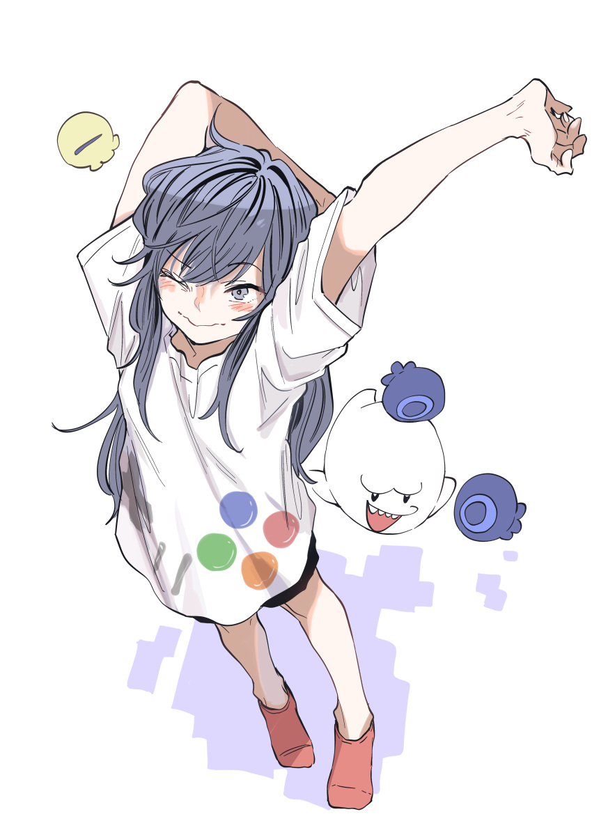 1girl absurdres arms_behind_back black_shorts blush boo_(mario) commentary_request grey_eyes highres kyouno long_hair long_shirt looking_at_viewer looking_up mario_(series) nijisanji no_shoes one_eye_closed ponto_nei purple_hair red_socks shadow shirt short_sleeves shorts simple_background smile socks stretching virtual_youtuber white_background white_shirt