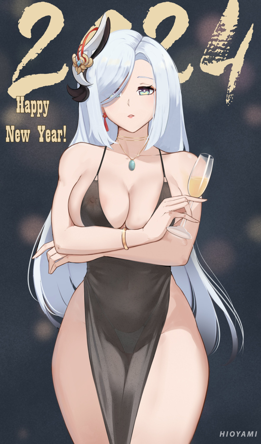 1girl 2024 absurdres aqua_eyes areola_slip artist_name bare_arms bare_shoulders black_dress bracelet breasts champagne_flute commentary cowboy_shot cup dress drinking_glass genshin_impact hair_ornament happy_new_year highres hioyami holding holding_cup jewelry large_breasts long_hair pelvic_curtain pendant shenhe_(genshin_impact) sleeveless sleeveless_dress solo standing thighs very_long_hair white_hair