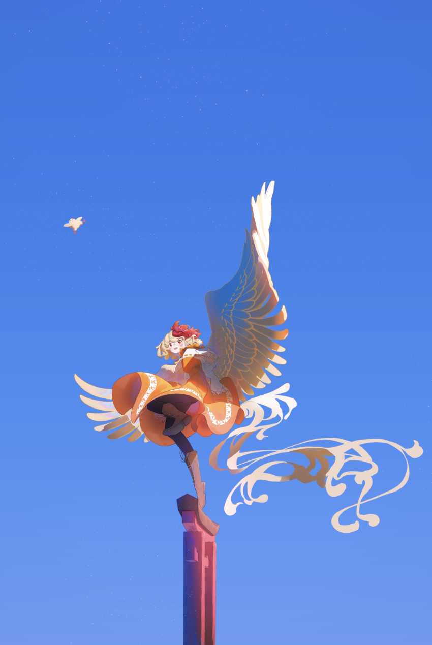 1girl absurdres animal bird bird_tail bird_wings blonde_hair blue_sky boots brown_footwear chick dress feathered_wings full_body highres kajatony knee_boots multicolored_hair niwatari_kutaka open_mouth orange_dress red_eyes red_hair shirt short_hair sky smile solo standing standing_on_one_leg tail torii touhou two-tone_hair white_shirt wings