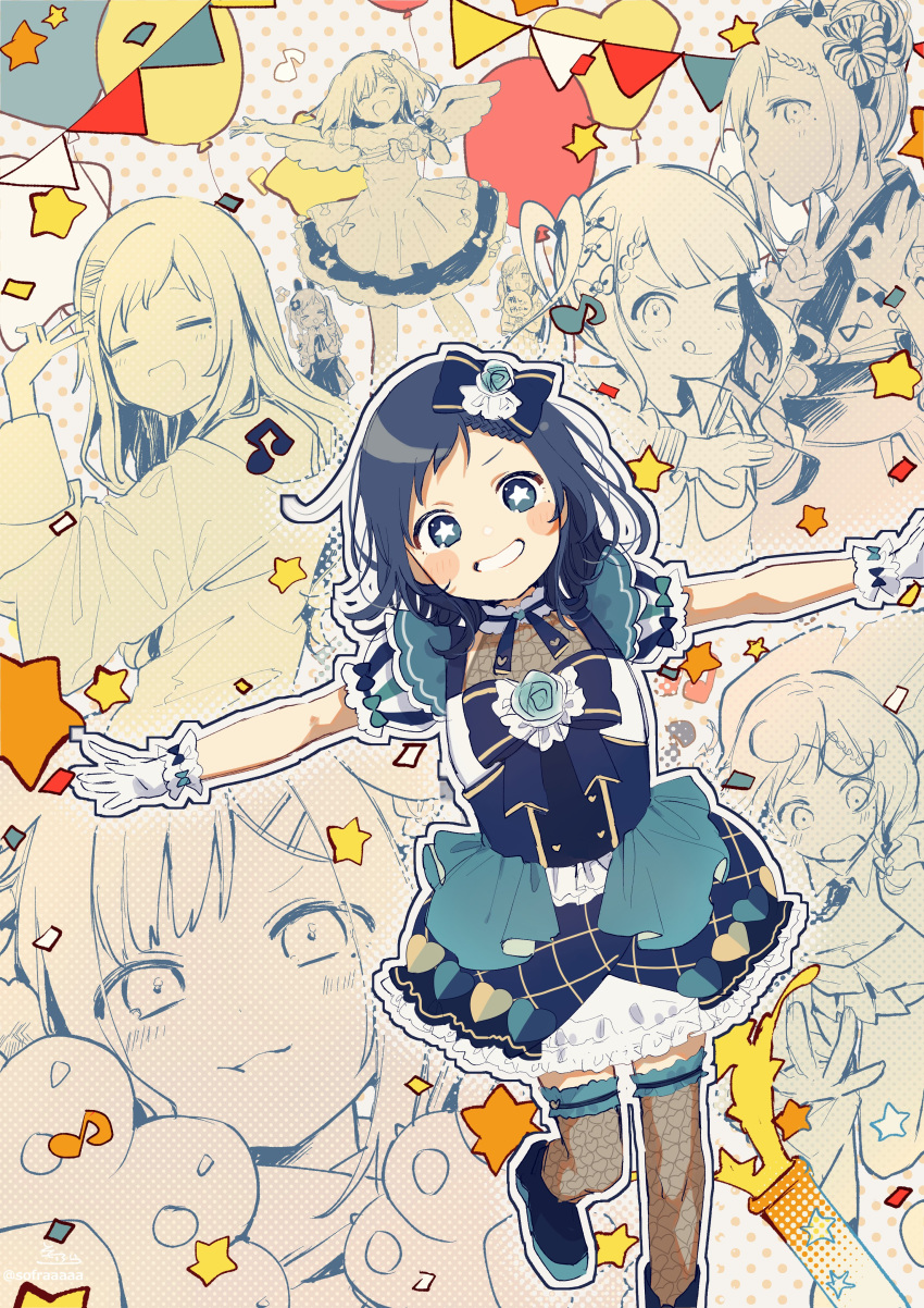 &gt;_&lt; &gt;_o 1girl :d ;q absurdres aiba_uiha animal_hands arm_up balloon black_footwear black_hair black_skirt blue_bow blue_flower blue_rose blush blush_stickers bow brown_thighhighs closed_eyes collarbone commentary_request detached_sleeves double_bun dress eighth_note feathered_wings flower frilled_gloves frilled_skirt frills gloves grey_eyes grin hair_bow hair_bun hair_ornament hairclip heart highres holding holding_microphone microphone mole mole_under_eye multiple_views musical_note nijisanji one_eye_closed outline outstretched_arms paw_gloves pennant polka_dot polka_dot_background puffy_short_sleeves puffy_sleeves rose shoes short_sleeves skirt smile sofra spread_arms standing standing_on_one_leg star-shaped_pupils star_(symbol) strapless strapless_dress string_of_flags symbol-shaped_pupils thighhighs tongue tongue_out v v-shaped_eyebrows virtual_youtuber white_background white_gloves white_outline white_skirt wings xd