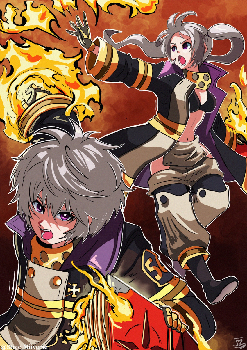alternate_costume book boots bra breasts cosplay crossover dual_persona en'en_no_shouboutai fire fire_emblem fire_emblem_awakening gloves highres holding holding_book jacket looking_at_viewer looking_to_the_side midriff open_clothes open_jacket open_mouth possessed purple_eyes robin_(female)_(fire_emblem) robin_(fire_emblem) robin_(male)_(fire_emblem) shinra_kusakabe shinra_kusakabe_(cosplay) spirit_(super_smash_bros.) stoic_seraphim super_smash_bros. tamaki_kotatsu tamaki_kotatsu_(cosplay) thighs twintails underwear white_hair