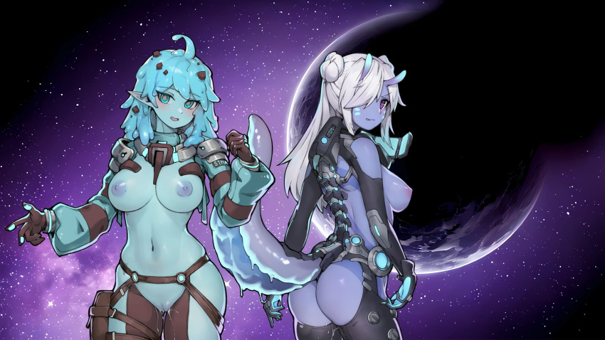 2girls aqua_hair blush breasts colored_skin commentary_request cowboy_shot green_skin hair_over_one_eye highres large_breasts long_hair long_sleeves monster_girl multiple_girls nipples purple_skin pussy pussy_juice red_eyes rimworld science_fiction sideboob space stmast tail white_hair